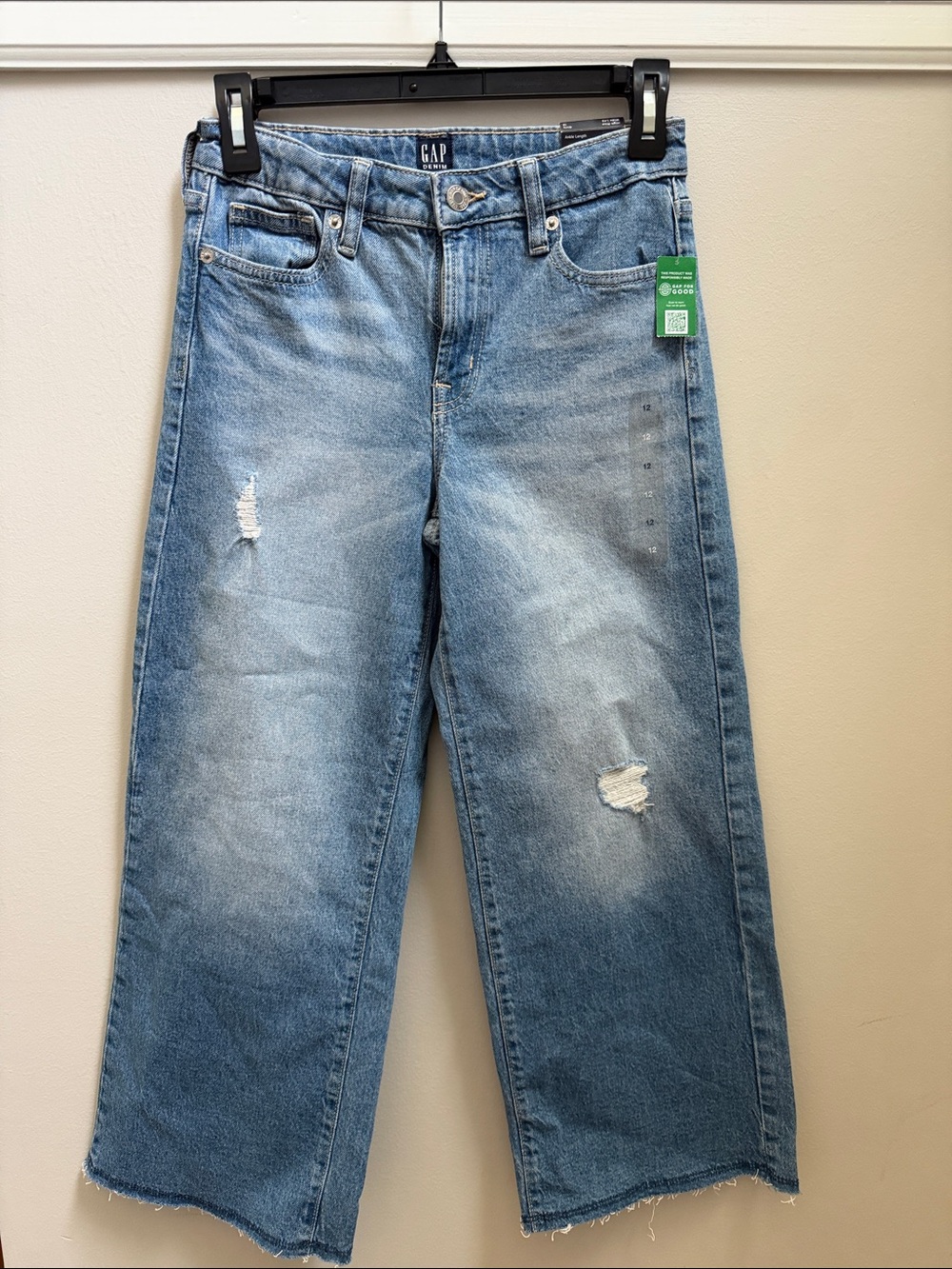 NWT GAP Girls Light Blue High Rise Wide Leg Distressed Ankle Length Jeans Sz 12